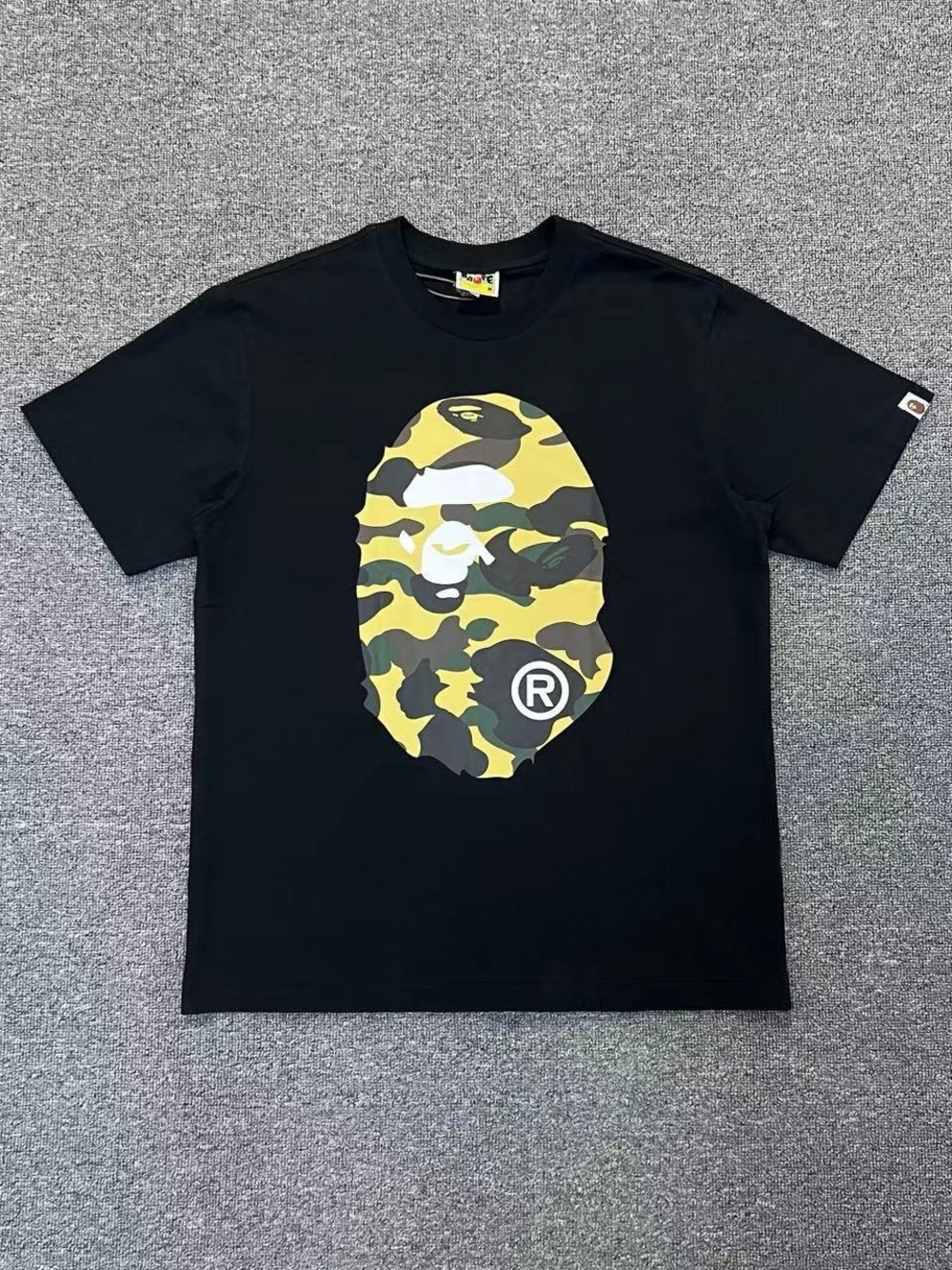 Bape Black Tee with Yellow & Green Camo Ape Head Graphic